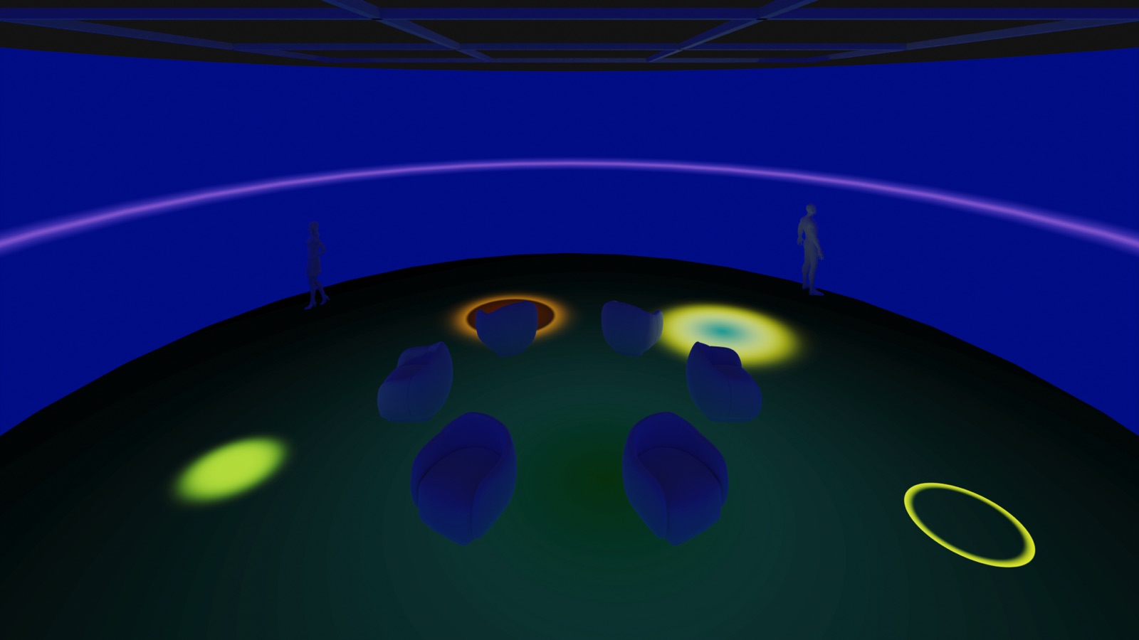 Design render of the circular room: a ring of low seats on a dark floor, each with a coloured halo of light around it, against a deep blue curved wall