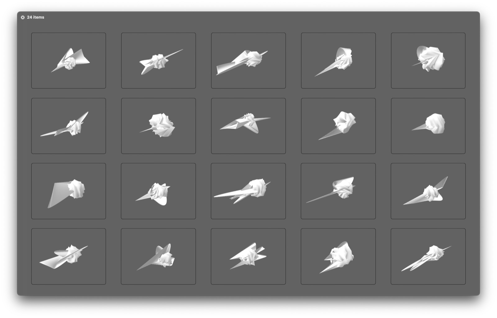 A grid of twenty-four white 3D forms on grey, each one a folded blade or crumpled rosette, no two alike