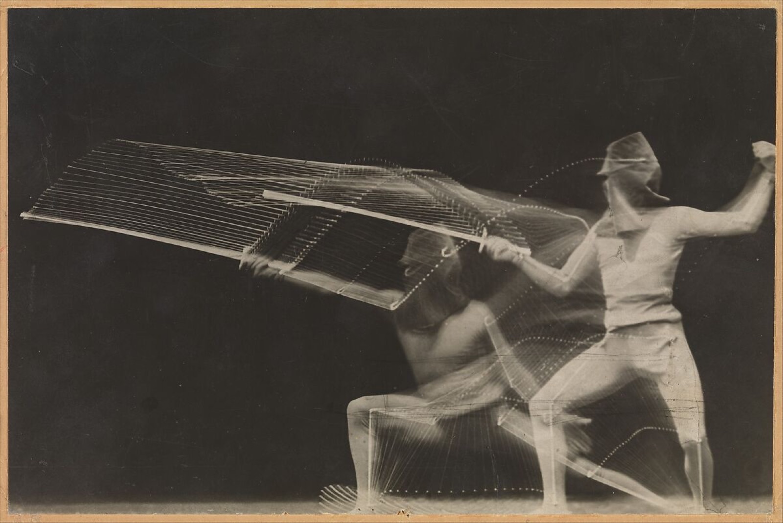 Chronophotograph of a fencer lunging, the blade tracing a fan of repeated strokes across a black ground