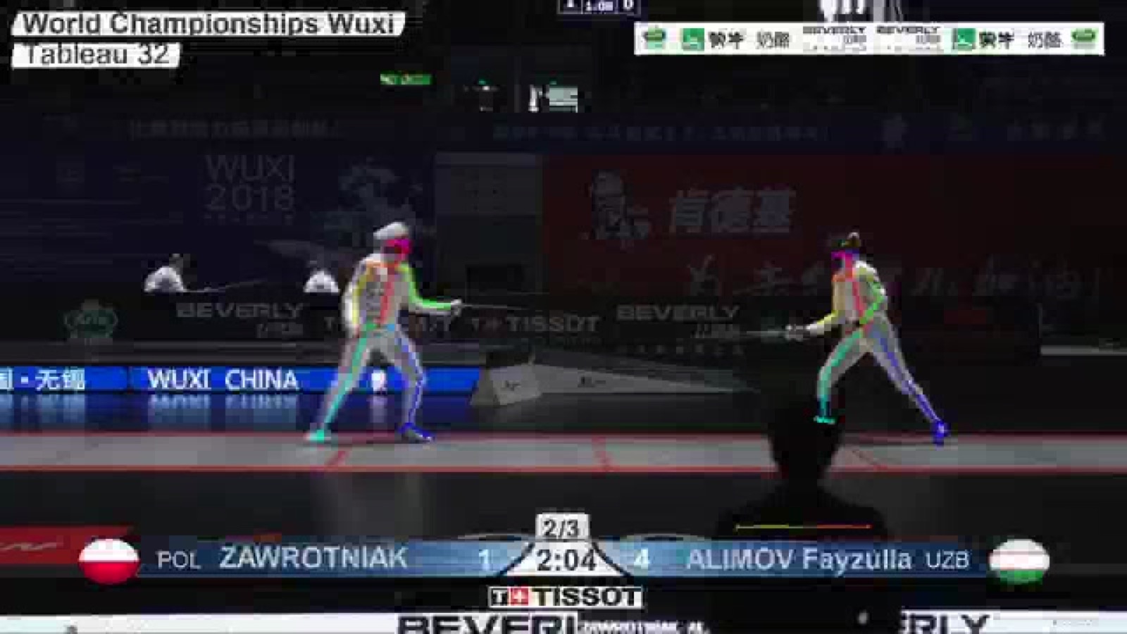 OpenPose skeletons overlaid on broadcast footage of a bout at the 2018 World Championships in Wuxi