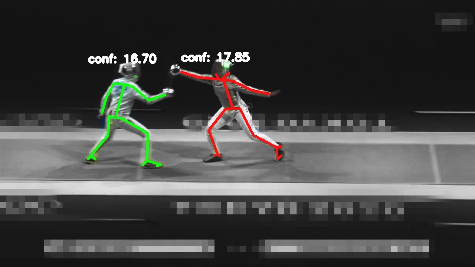 Two extracted skeletons, green and red, with per-frame confidence scores printed above each fencer
