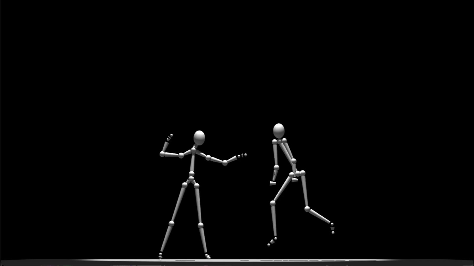Two 3D stick figures facing each other on a dark stage, one mirroring the other's stance