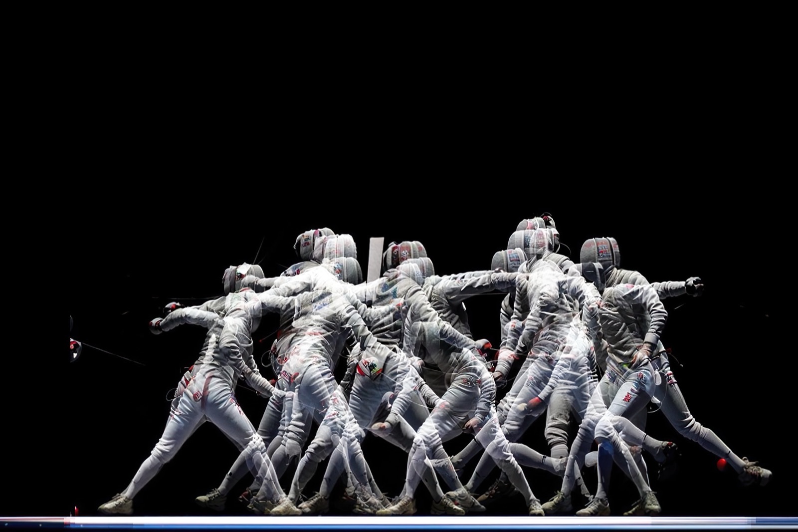 Generated chronophotograph: two fencers in white suits repeated across the frame, blades overlapping