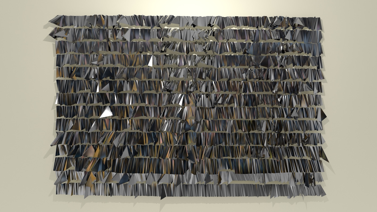 The same transformed photograph rendered with a polished metallic material, facets catching the light in grey and gold