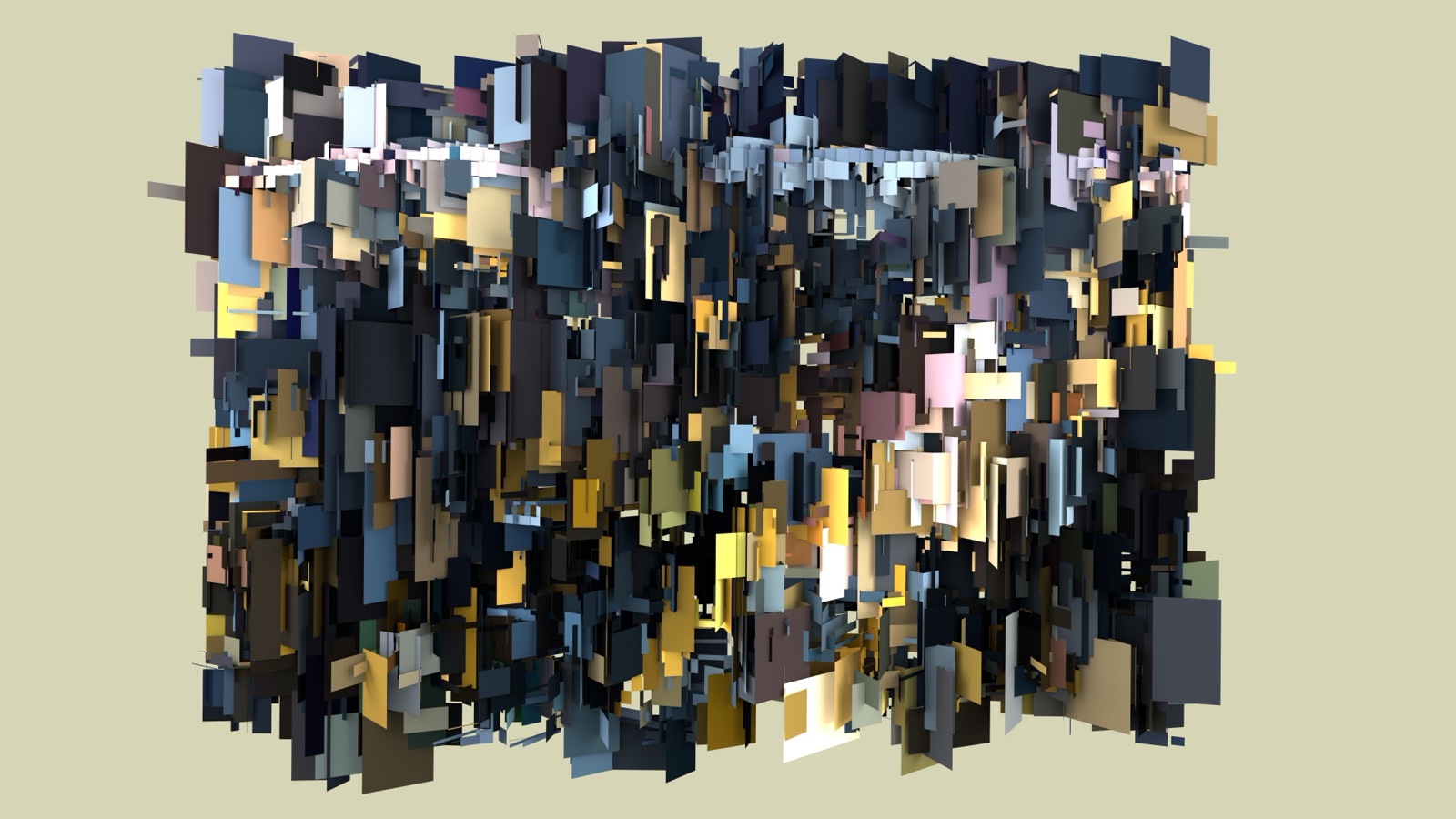 A darker render of the transformed cityscape, facets tilted into rows across a warm wall