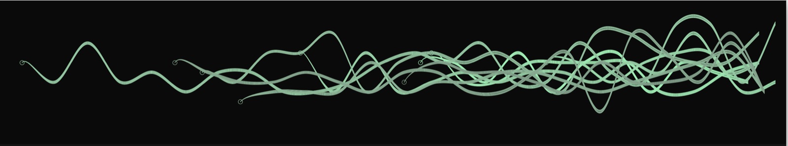 Dozens of pale green ribbons weaving along a horizontal axis on black, tangling more densely toward the right
