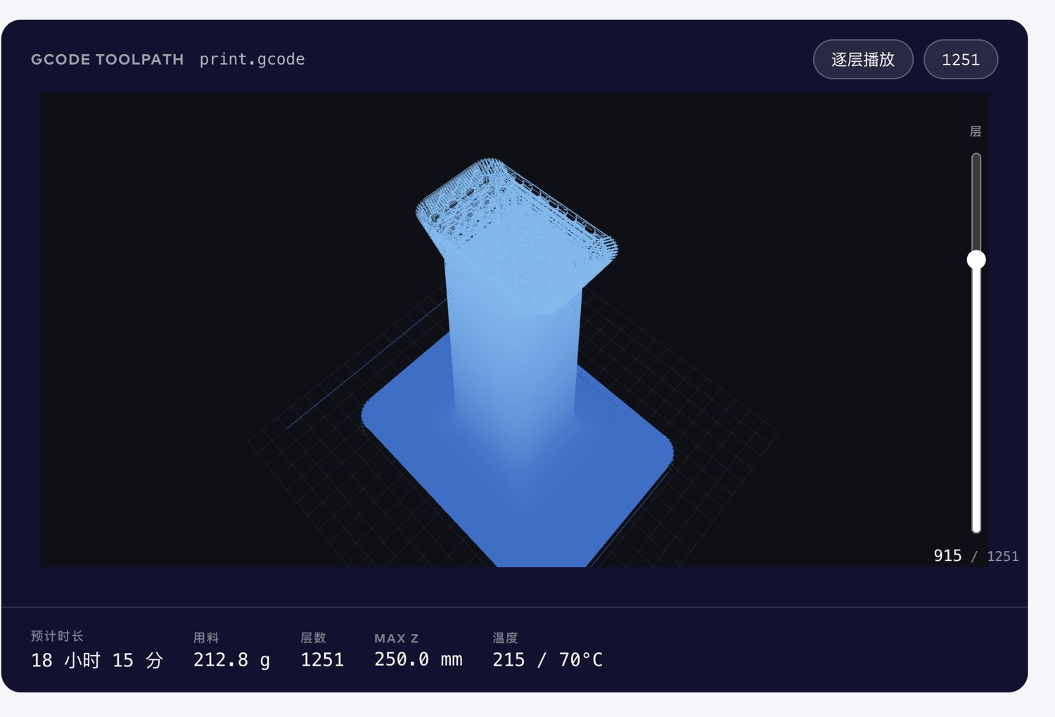 The gcode toolpath viewer showing a sliced part in blue on a dark grid, a layer slider at 915 of 1251, and a footer with estimated time, filament mass, layer count, maximum Z and temperatures