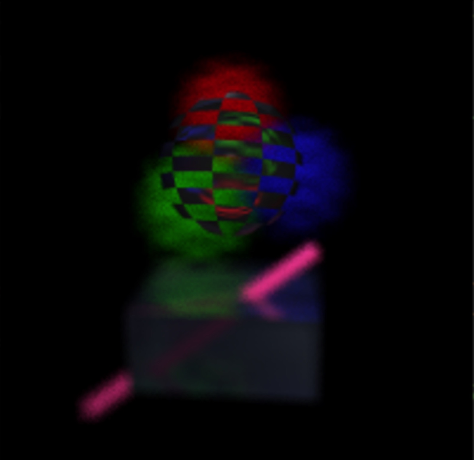 A noisy path-traced scene: a checkered sphere lit by red, green and blue area lights above a dark slab, with a magenta bar crossing the frame