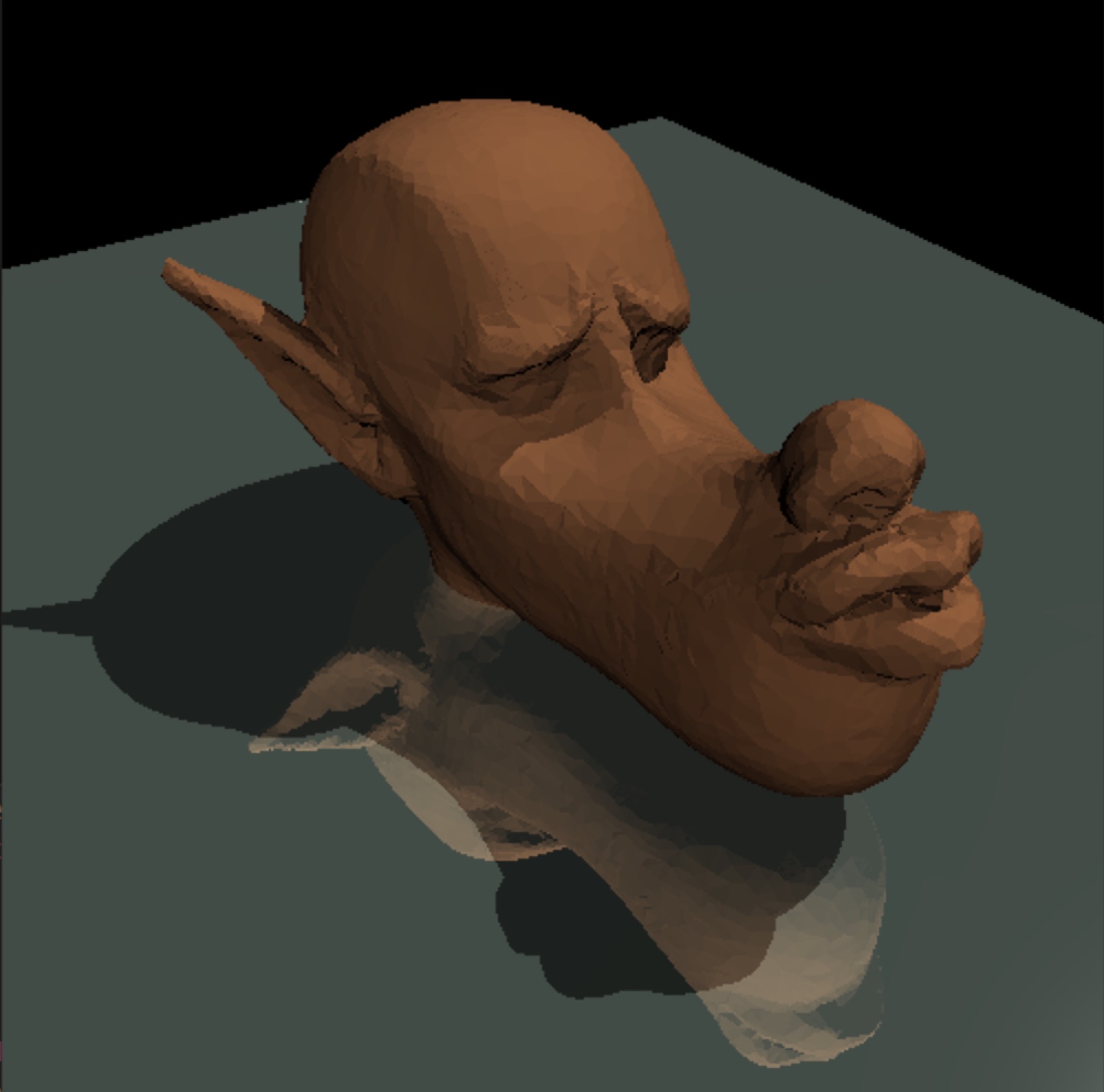 A low-polygon head model rendered in terracotta above a reflective grey floor
