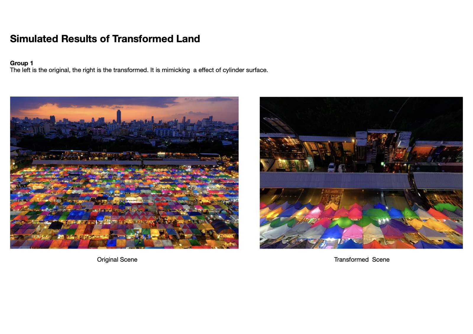 Two aerial photographs of a night market side by side, the right one warped so the ground bends up and over into a tunnel of stalls