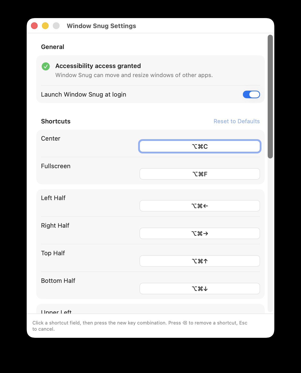 The Window Snug settings window showing an Accessibility access granted banner, a launch-at-login toggle, and a list of rebindable shortcut fields