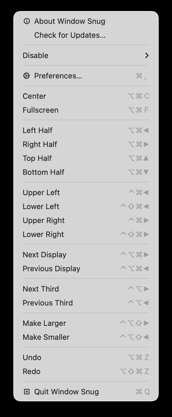 The Window Snug menu bar dropdown listing Center, Fullscreen, the four halves, the four corners, display and third navigation, resize, and undo and redo, each with its keyboard shortcut